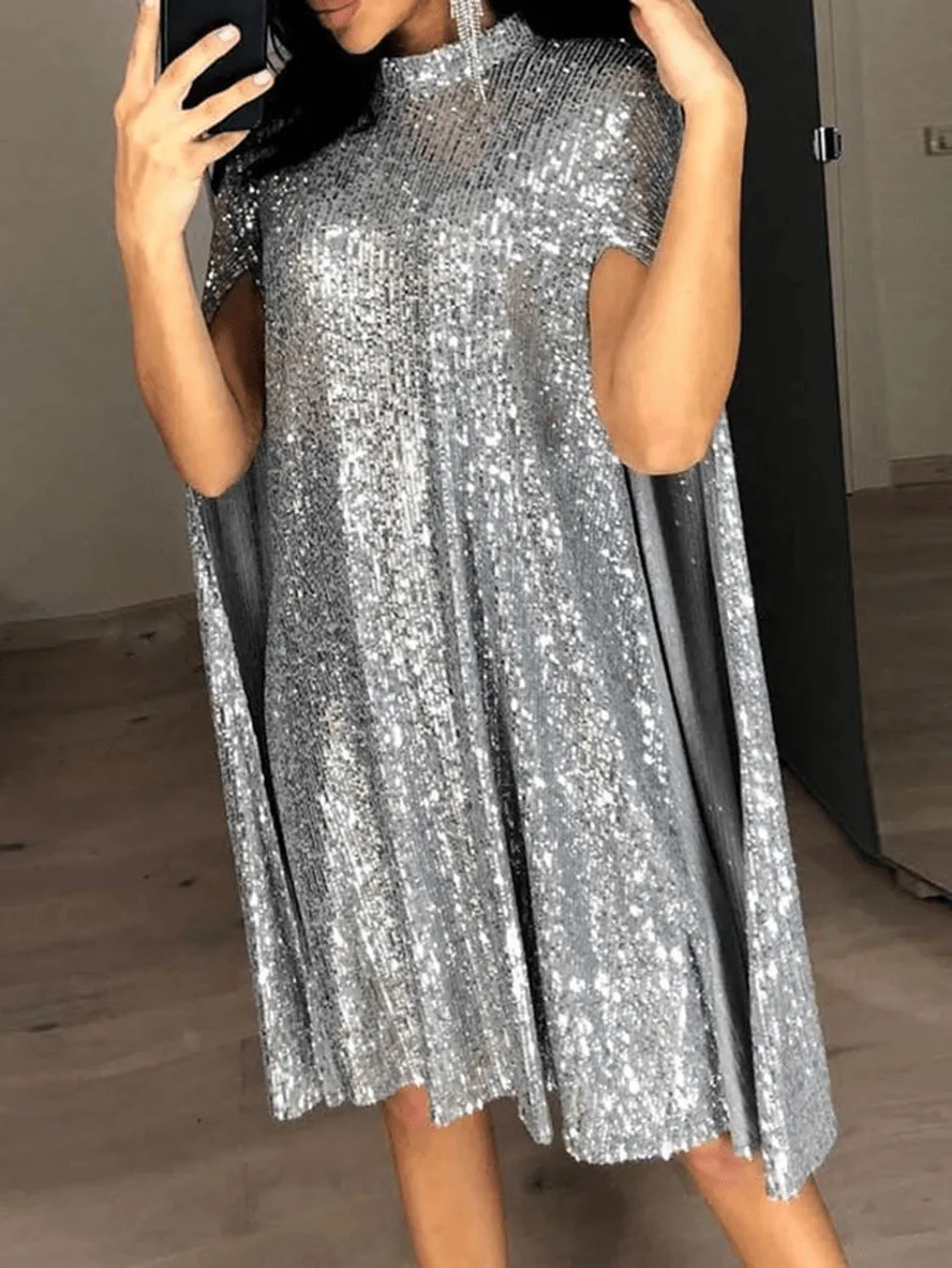 Abelia® | Mid-Length Cape Dress With Shiny Sequins And Split Sleeves, Elegant Fashion Cocktail