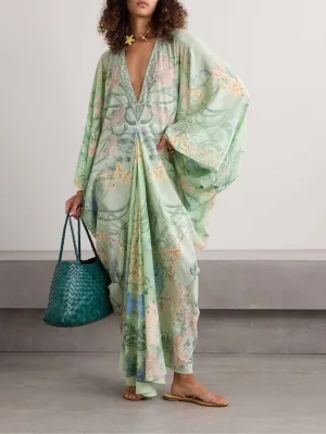 Agatha - Unique Floral Print V Neck Oversized Midi Dress