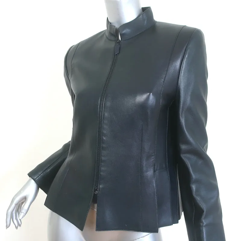 Akris Pleated Leather Zip-Up Jacket Very Dark Teal Size US 10