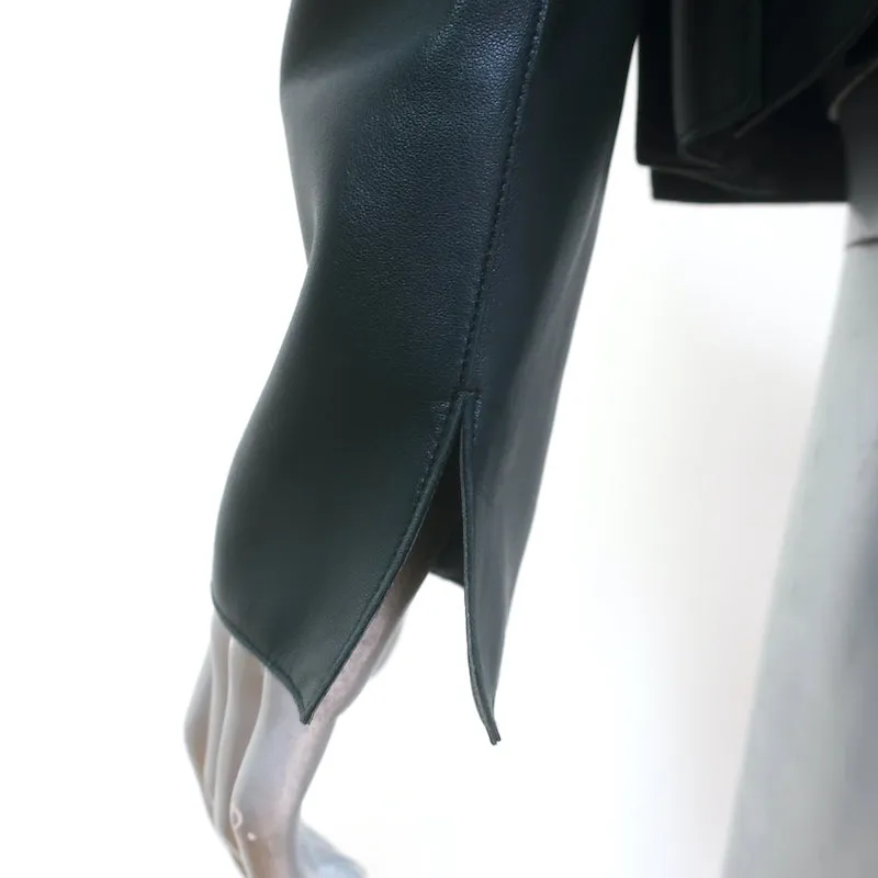 Akris Pleated Leather Zip-Up Jacket Very Dark Teal Size US 10