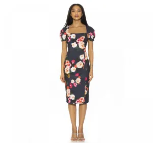 Alexia Admor Women's Squareneck Midi Sheath Dress D3980 Navy Blue Multi XL