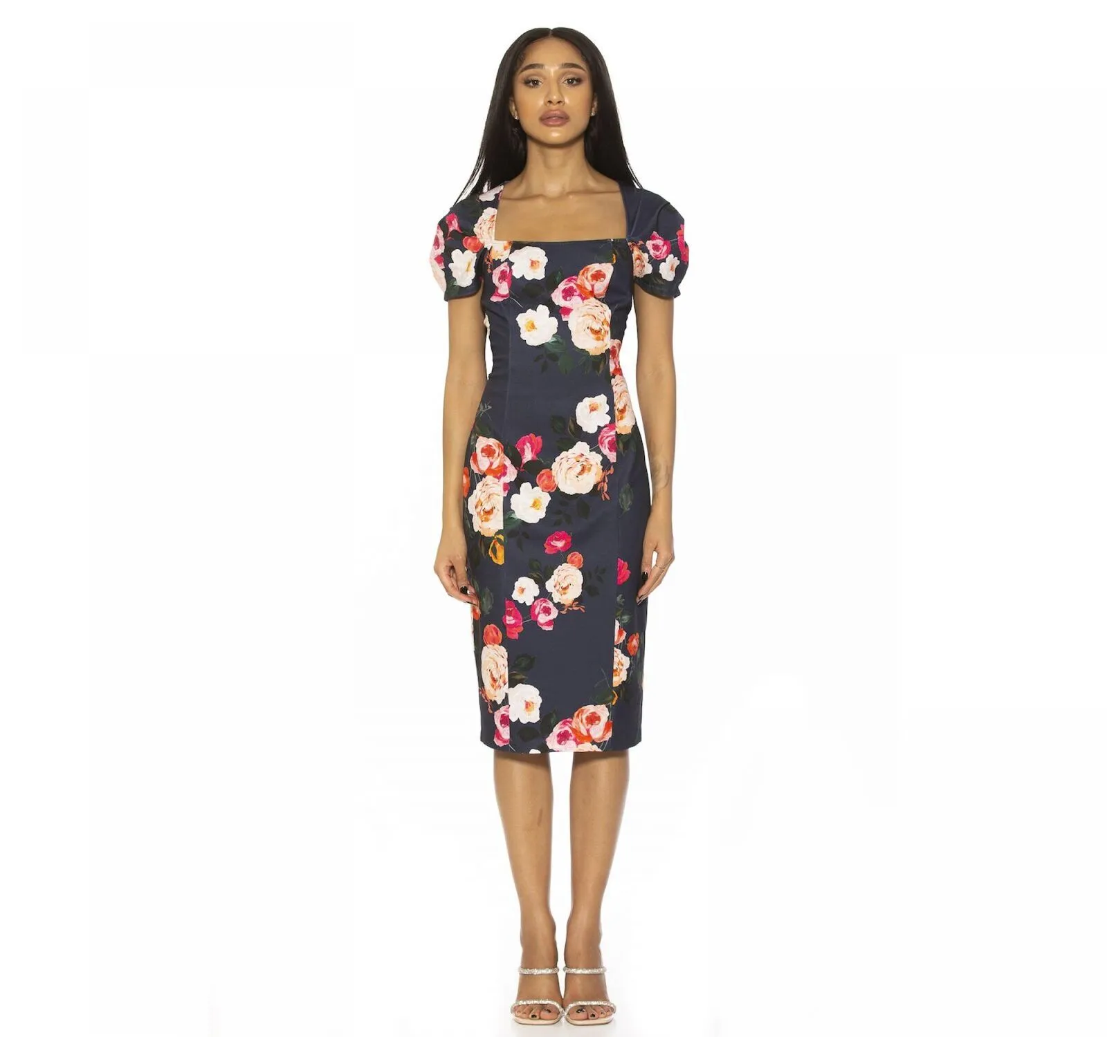 Alexia Admor Women's Squareneck Midi Sheath Dress D3980 Navy Blue Multi XL
