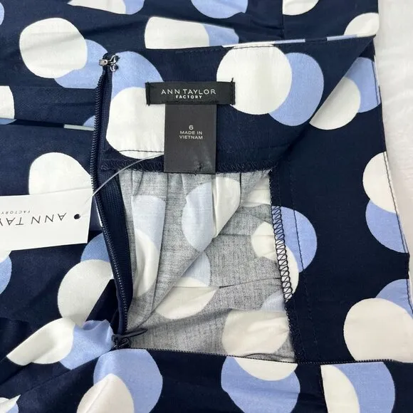 Ann Taylor Factory Womens Polka Dot Print Pleated A-Line Skirt Size 6 Navy New
