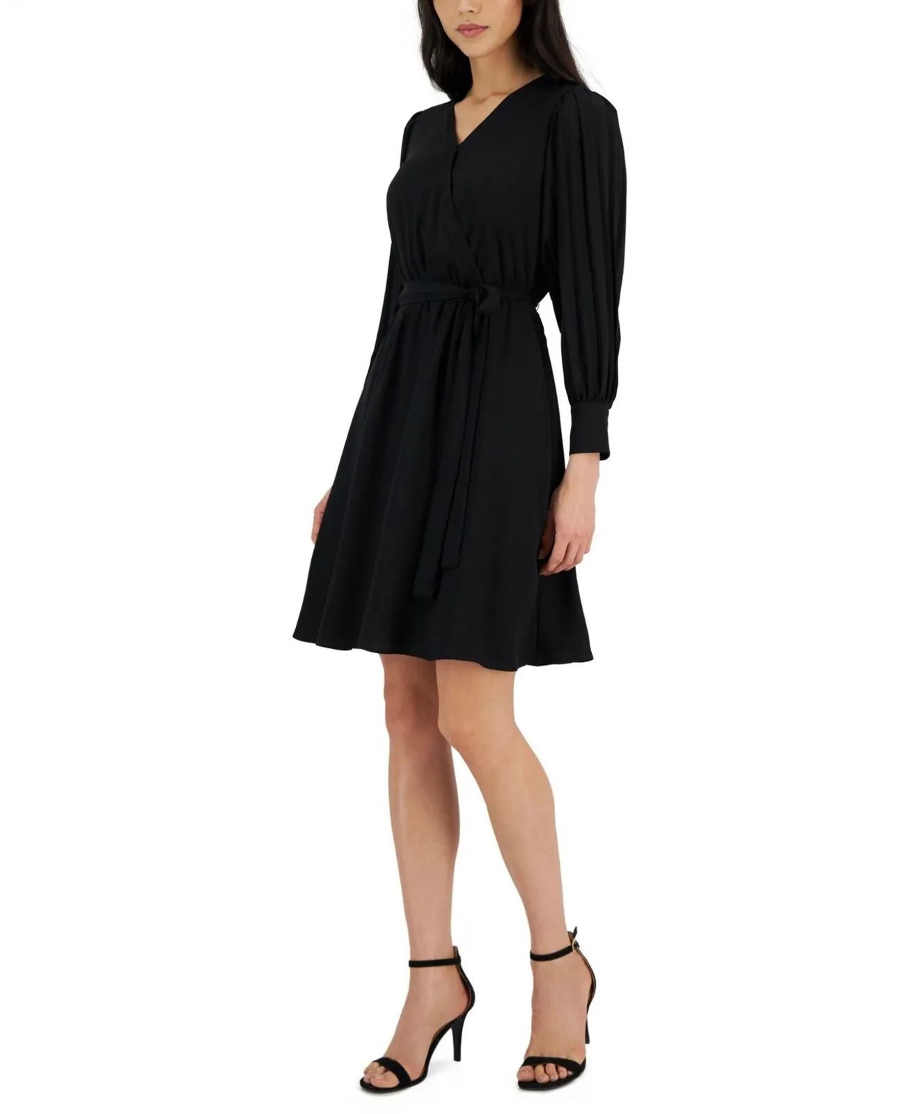 Anne Klein Women's V-Neck Pleated-Long-Sleeve Dress 10844849 Black XS