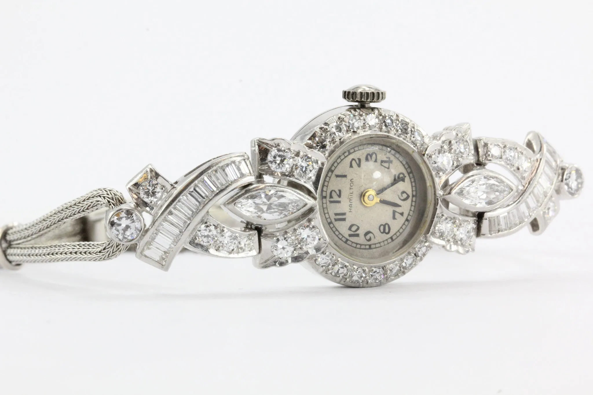 Antique Art Deco Platinum 2.5 Carat Total Weight Diamond Hamilton watch with 14k woven gold bracelet