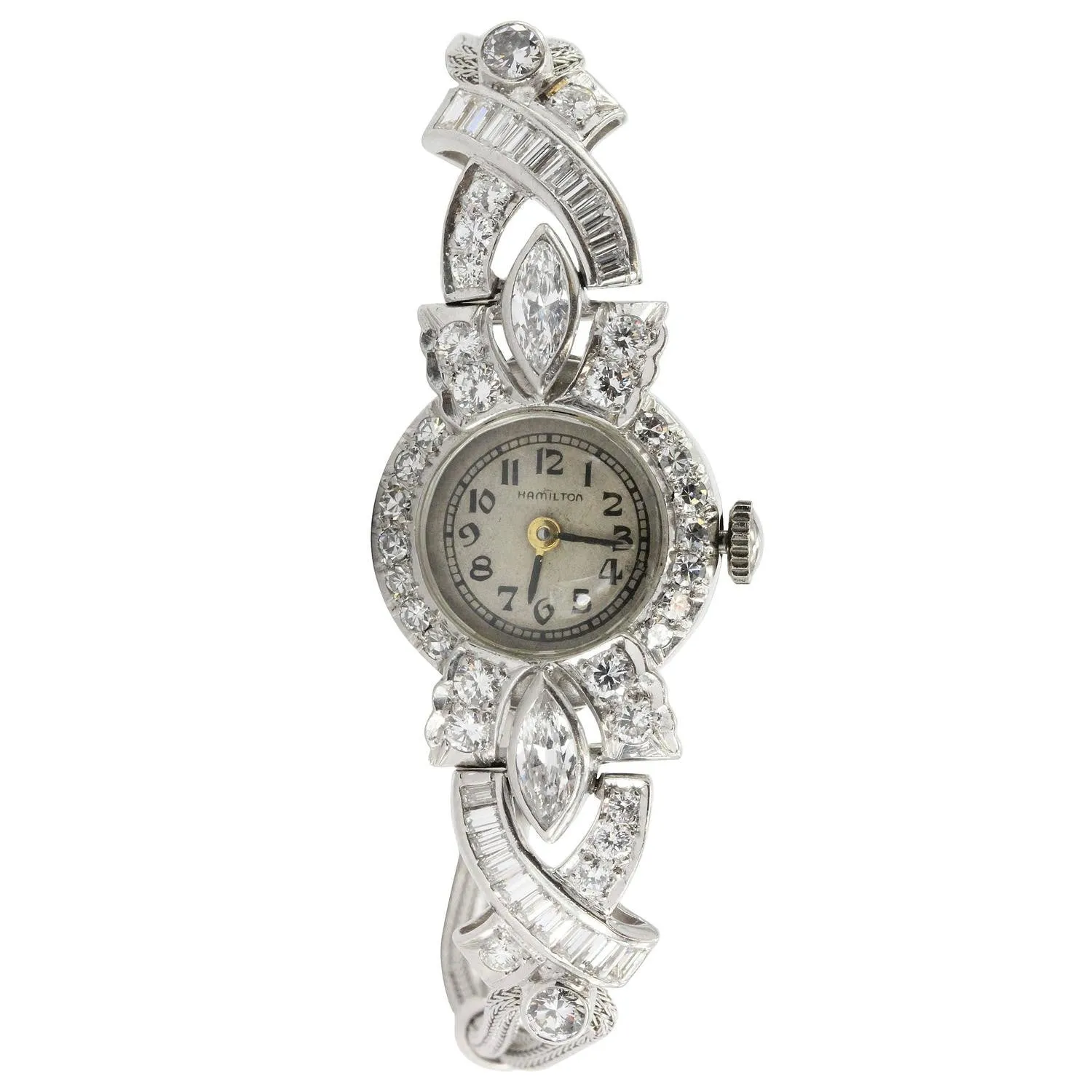 Antique Art Deco Platinum 2.5 Carat Total Weight Diamond Hamilton watch with 14k woven gold bracelet
