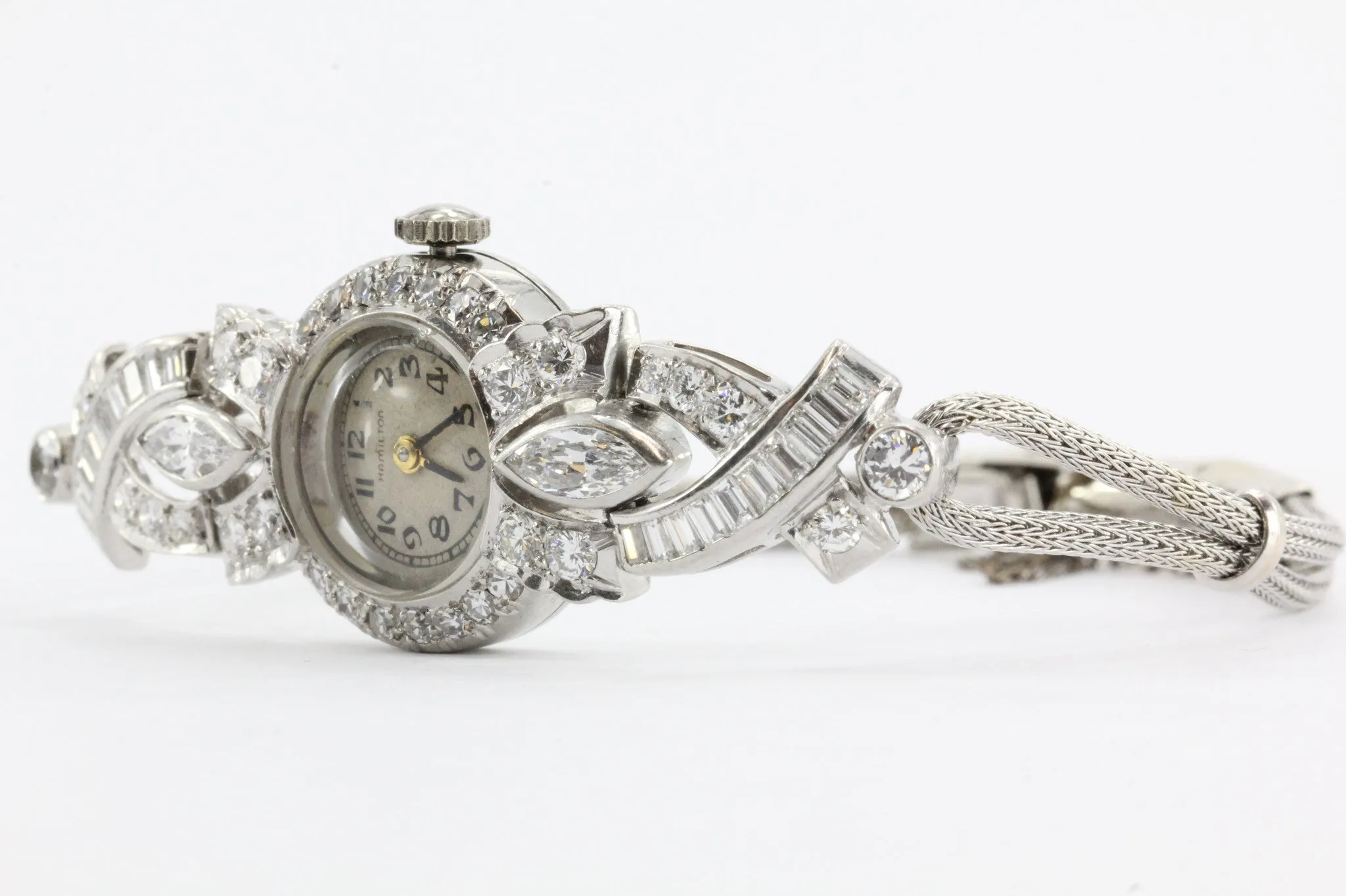 Antique Art Deco Platinum 2.5 Carat Total Weight Diamond Hamilton watch with 14k woven gold bracelet