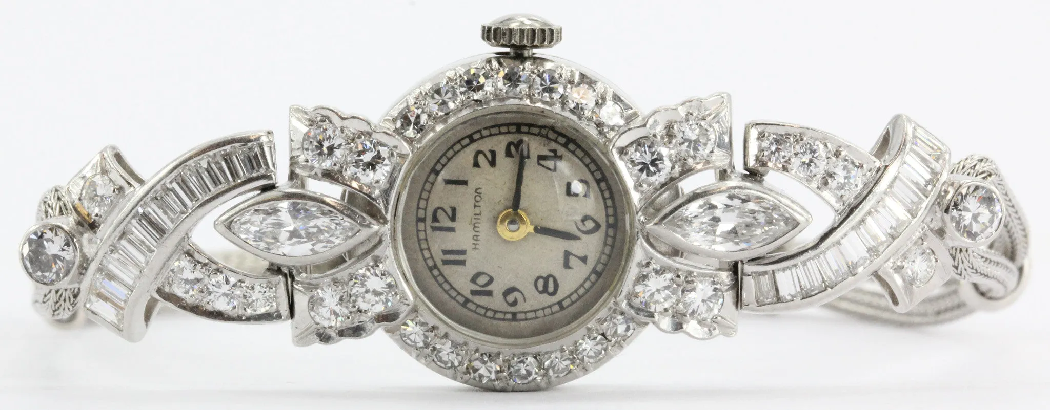 Antique Art Deco Platinum 2.5 Carat Total Weight Diamond Hamilton watch with 14k woven gold bracelet