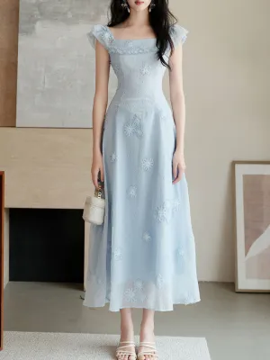 Baby Blue Sea Salt Flowers Delicate Fabric Square Neck Vintage Midi Cute Dress