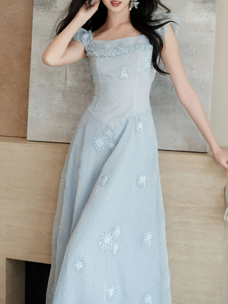 Baby Blue Sea Salt Flowers Delicate Fabric Square Neck Vintage Midi Cute Dress