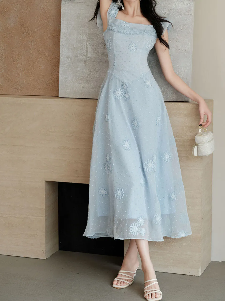 Baby Blue Sea Salt Flowers Delicate Fabric Square Neck Vintage Midi Cute Dress