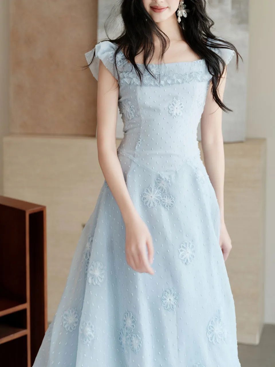 Baby Blue Sea Salt Flowers Delicate Fabric Square Neck Vintage Midi Cute Dress