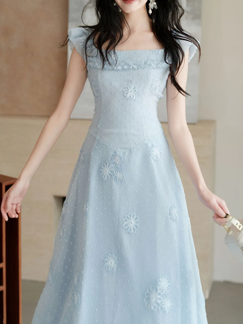 Baby Blue Sea Salt Flowers Delicate Fabric Square Neck Vintage Midi Cute Dress