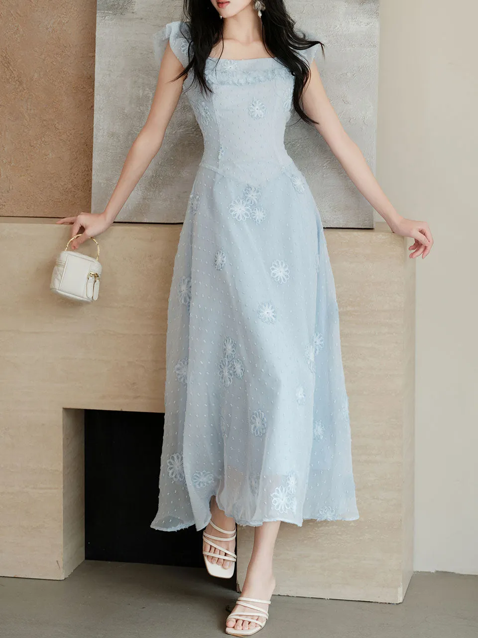 Baby Blue Sea Salt Flowers Delicate Fabric Square Neck Vintage Midi Cute Dress
