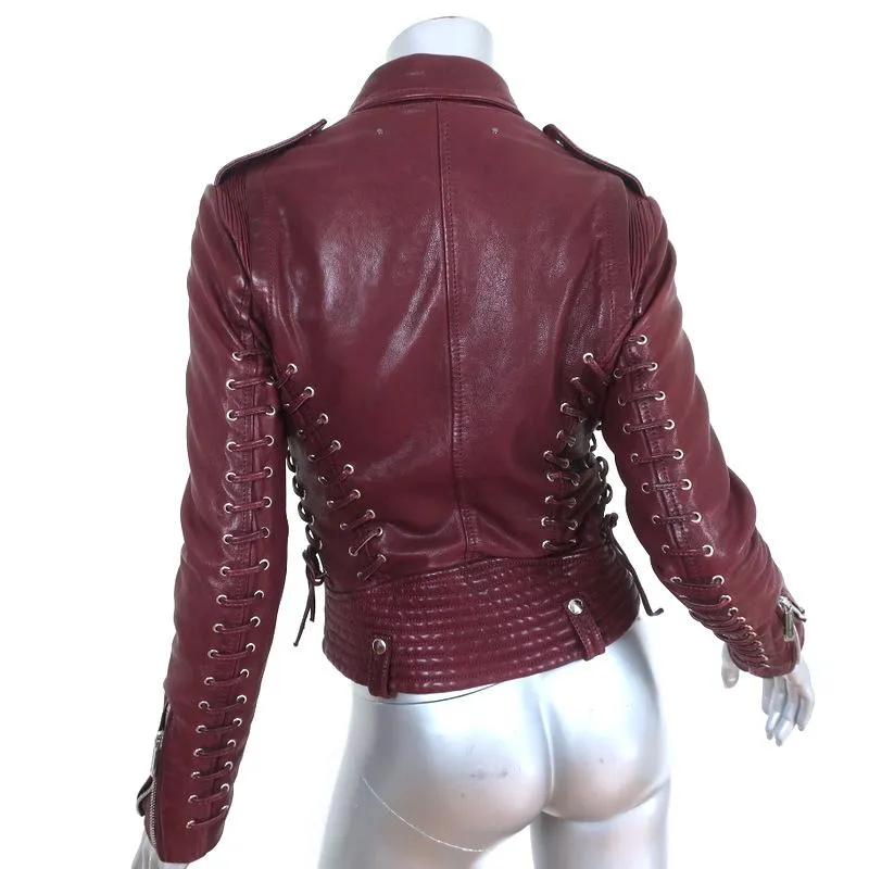 Barbara Bui Lace-Up Leather Motorcycle Jacket Burgundy Size 38