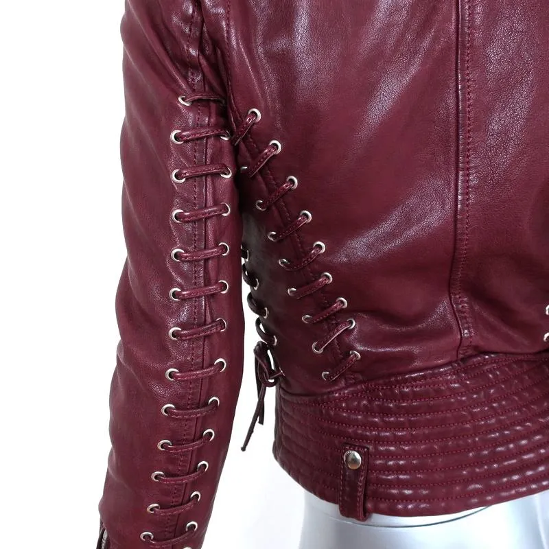 Barbara Bui Lace-Up Leather Motorcycle Jacket Burgundy Size 38