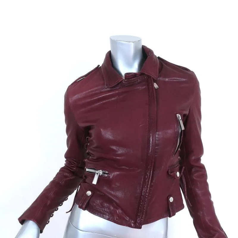 Barbara Bui Lace-Up Leather Motorcycle Jacket Burgundy Size 38