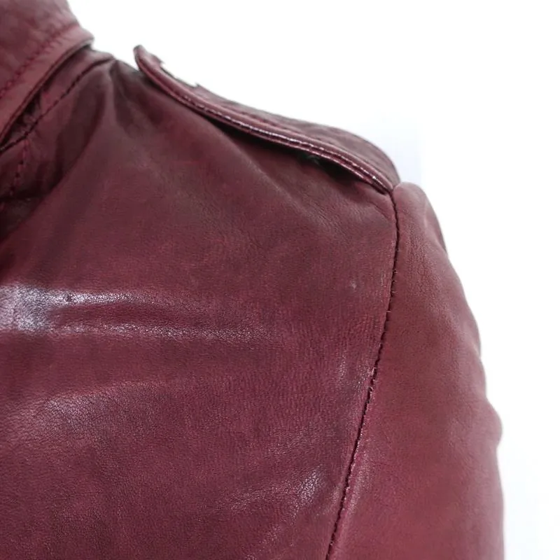 Barbara Bui Lace-Up Leather Motorcycle Jacket Burgundy Size 38