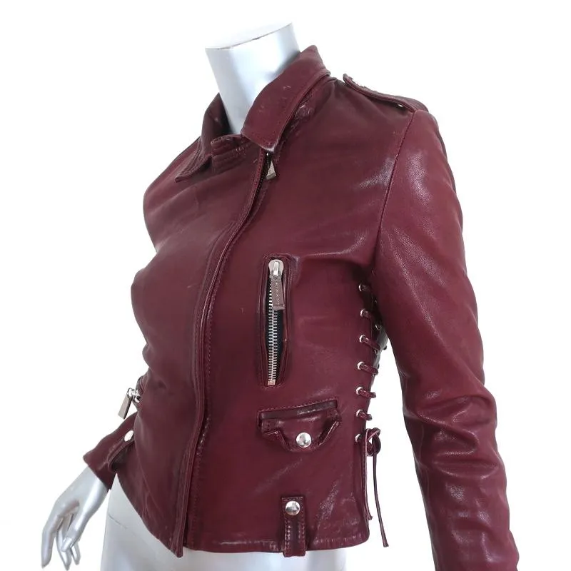 Barbara Bui Lace-Up Leather Motorcycle Jacket Burgundy Size 38