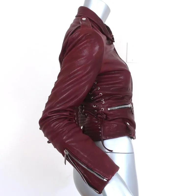 Barbara Bui Lace-Up Leather Motorcycle Jacket Burgundy Size 38