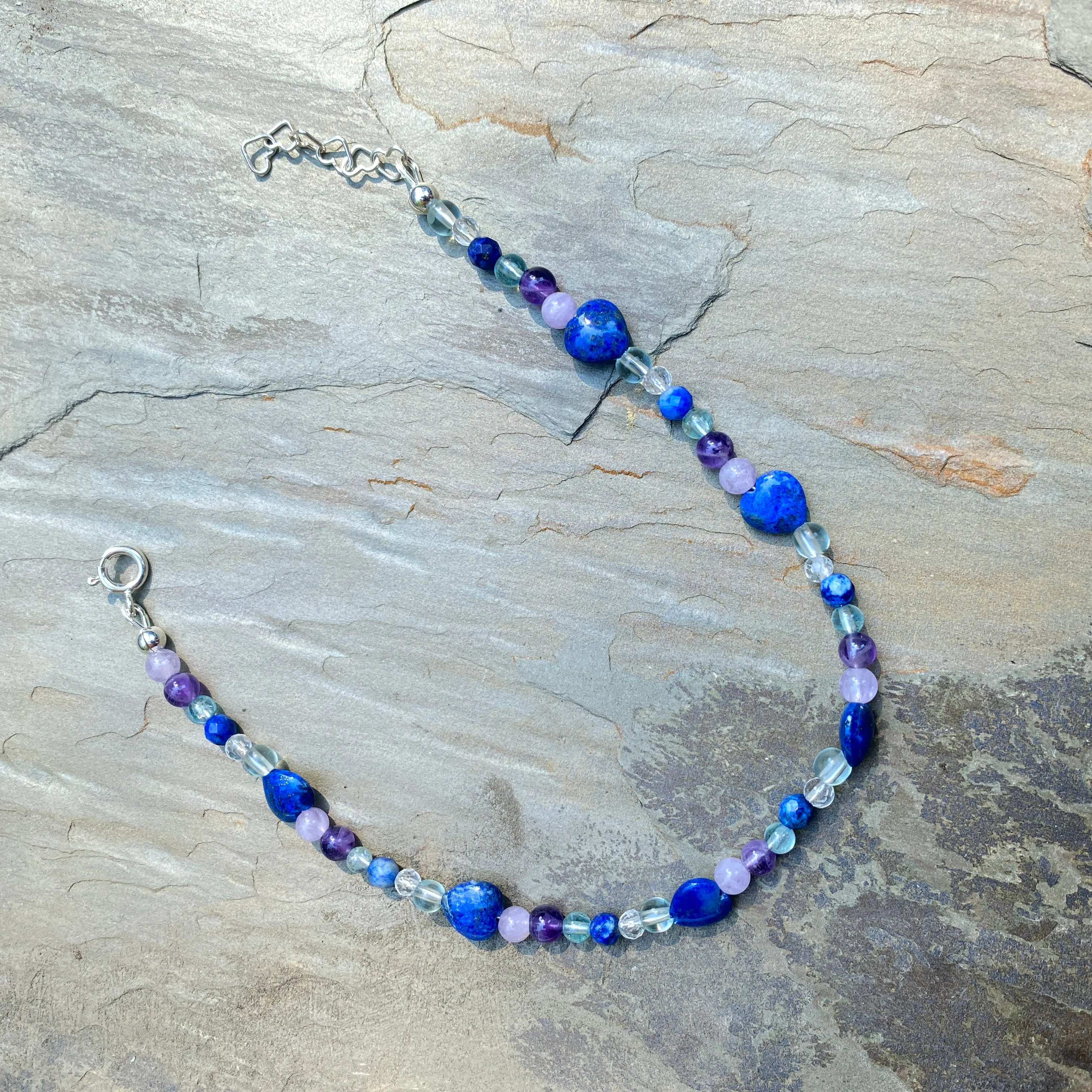 Beautiful Lapis Lazuli heart, clear quartz, fluorite, amethyst, sterling silver anklet