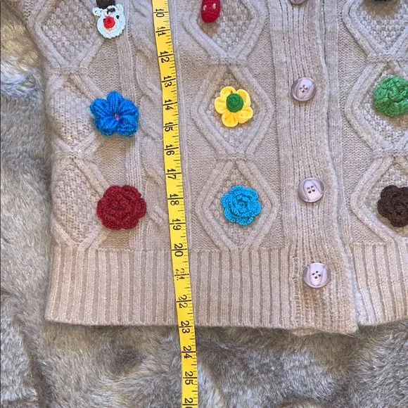 Beige 3D Flower Cardigan Crocheted Accents Preppy Grandmacore Eclectic Unique