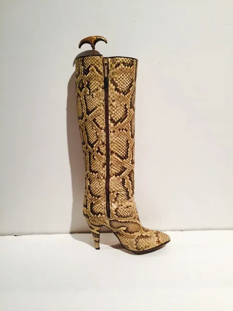 BIONDINI Italy Snakeskin Beige Python Snake Women's Leather Boots Size 7