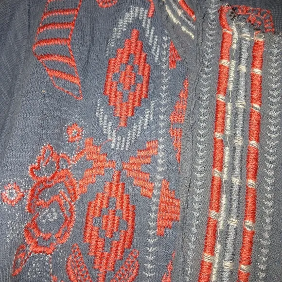 Biya Johnny Was Blue Red Embroidered Knit Jacket Fringe Small