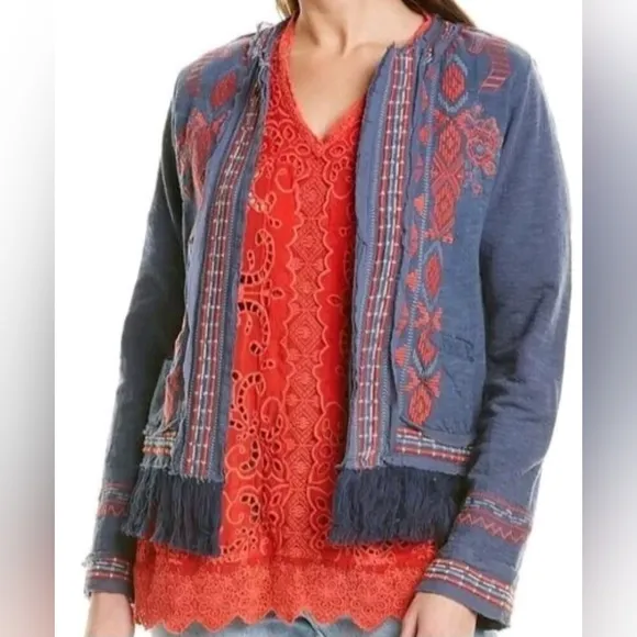 Biya Johnny Was Blue Red Embroidered Knit Jacket Fringe Small