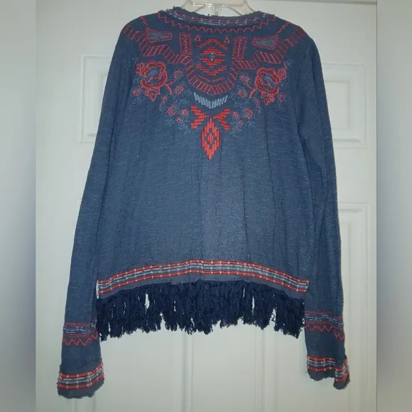 Biya Johnny Was Blue Red Embroidered Knit Jacket Fringe Small