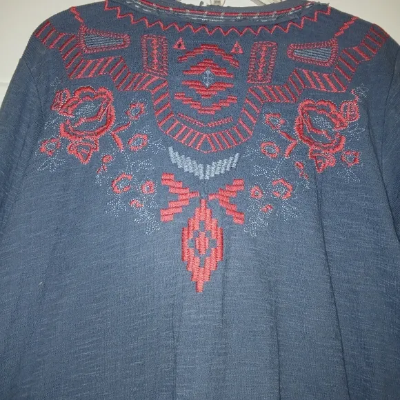 Biya Johnny Was Blue Red Embroidered Knit Jacket Fringe Small