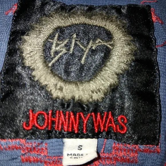 Biya Johnny Was Blue Red Embroidered Knit Jacket Fringe Small
