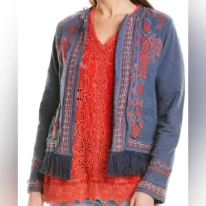 Biya Johnny Was Blue Red Embroidered Knit Jacket Fringe Small