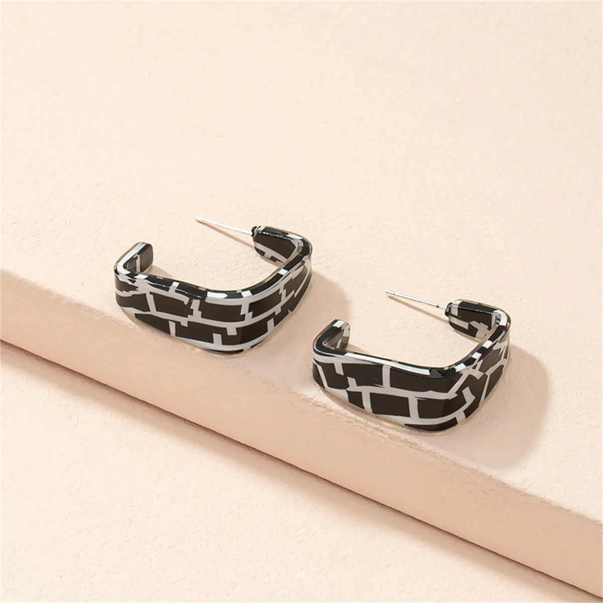 Black Acrylic & Silver-Plated Mosaic Square Huggie Earring