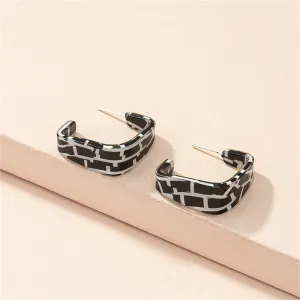 Black Acrylic & Silver-Plated Mosaic Square Huggie Earring