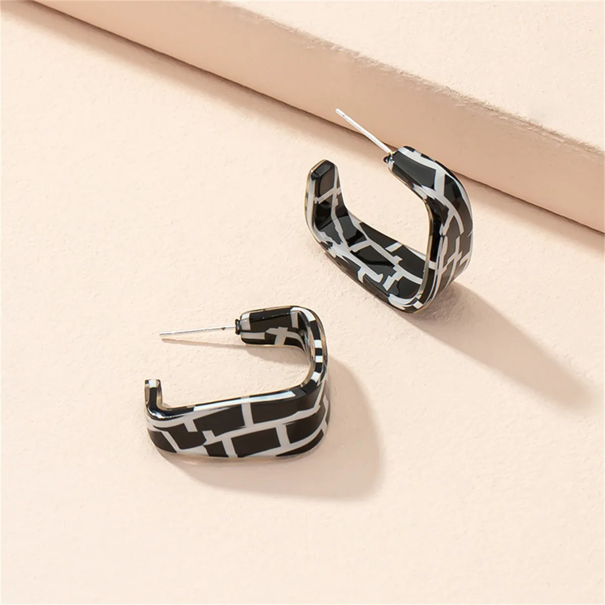 Black Acrylic & Silver-Plated Mosaic Square Huggie Earring