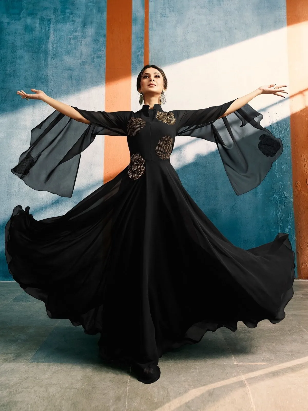 Black All Over With Copper Floral Bunch Embroidered Designer Bell Sleeves Flared Anarkali Style Kurti