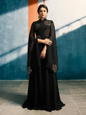 Black All Over With Copper Floral Bunch Embroidered Designer Bell Sleeves Flared Anarkali Style Kurti