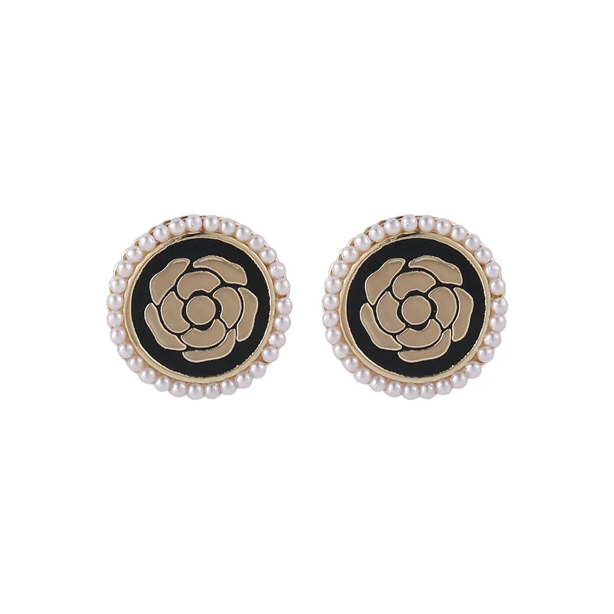 Black Enamel & Pearl 18K Gold-Plated Camellia Stud Earrings