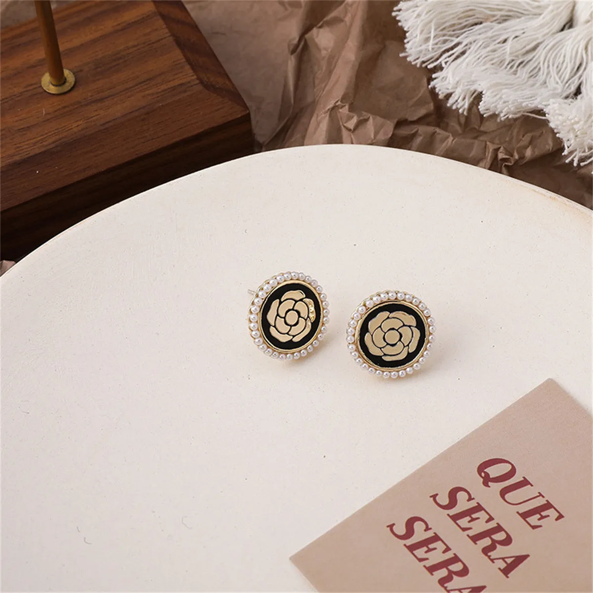Black Enamel & Pearl 18K Gold-Plated Camellia Stud Earrings