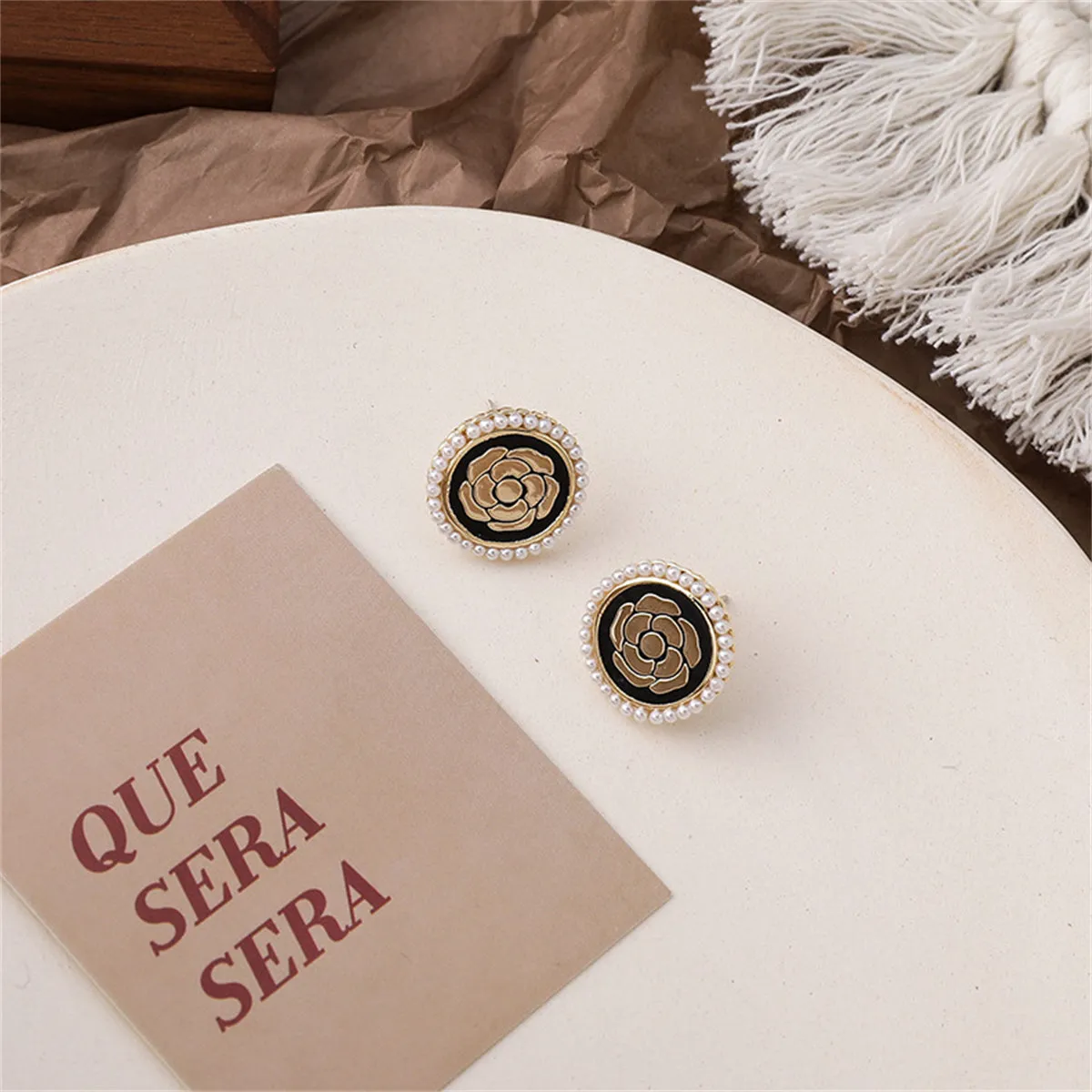 Black Enamel & Pearl 18K Gold-Plated Camellia Stud Earrings