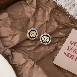 Black Enamel & Pearl 18K Gold-Plated Camellia Stud Earrings