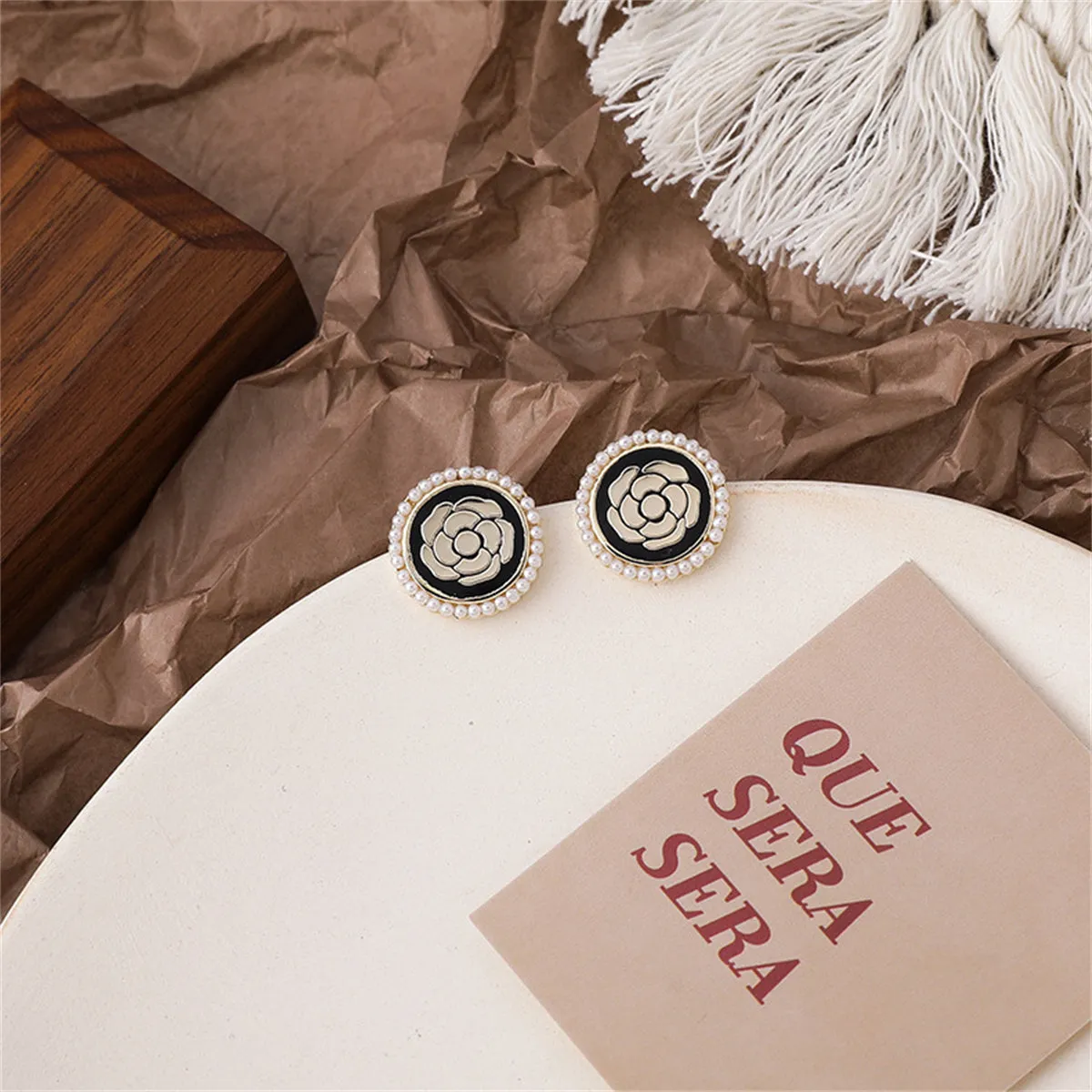 Black Enamel & Pearl 18K Gold-Plated Camellia Stud Earrings