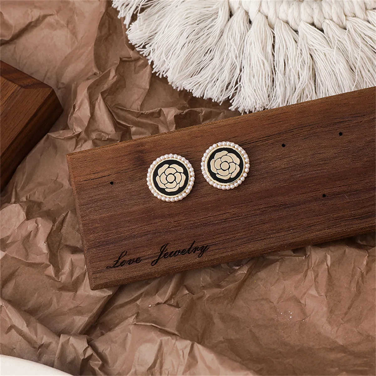 Black Enamel & Pearl 18K Gold-Plated Camellia Stud Earrings