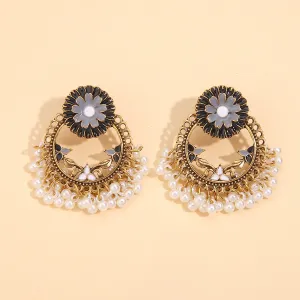 Black Enamel & Pearl 18K Gold-Plated Floral Wreath Drop Earrings