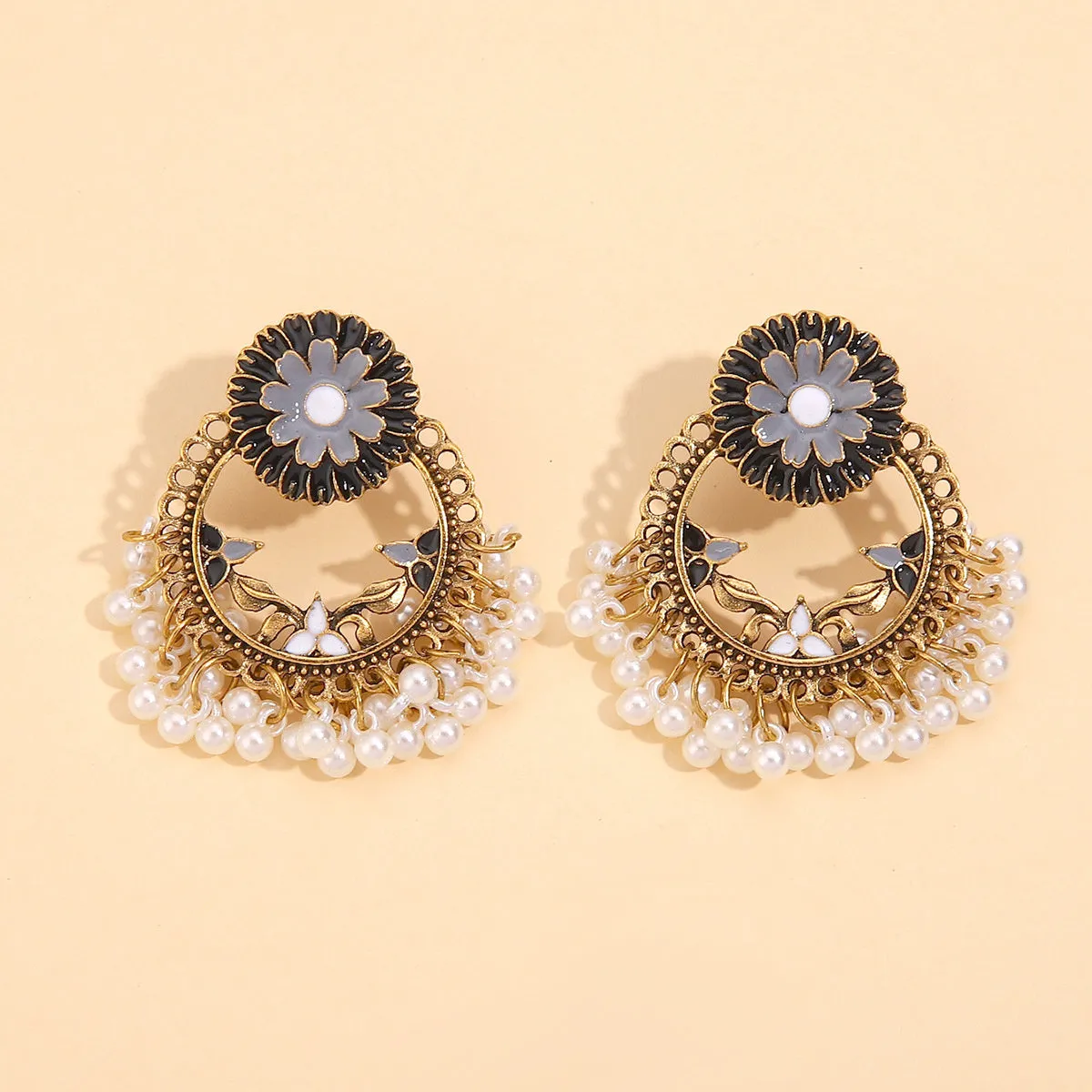 Black Enamel & Pearl 18K Gold-Plated Floral Wreath Drop Earrings