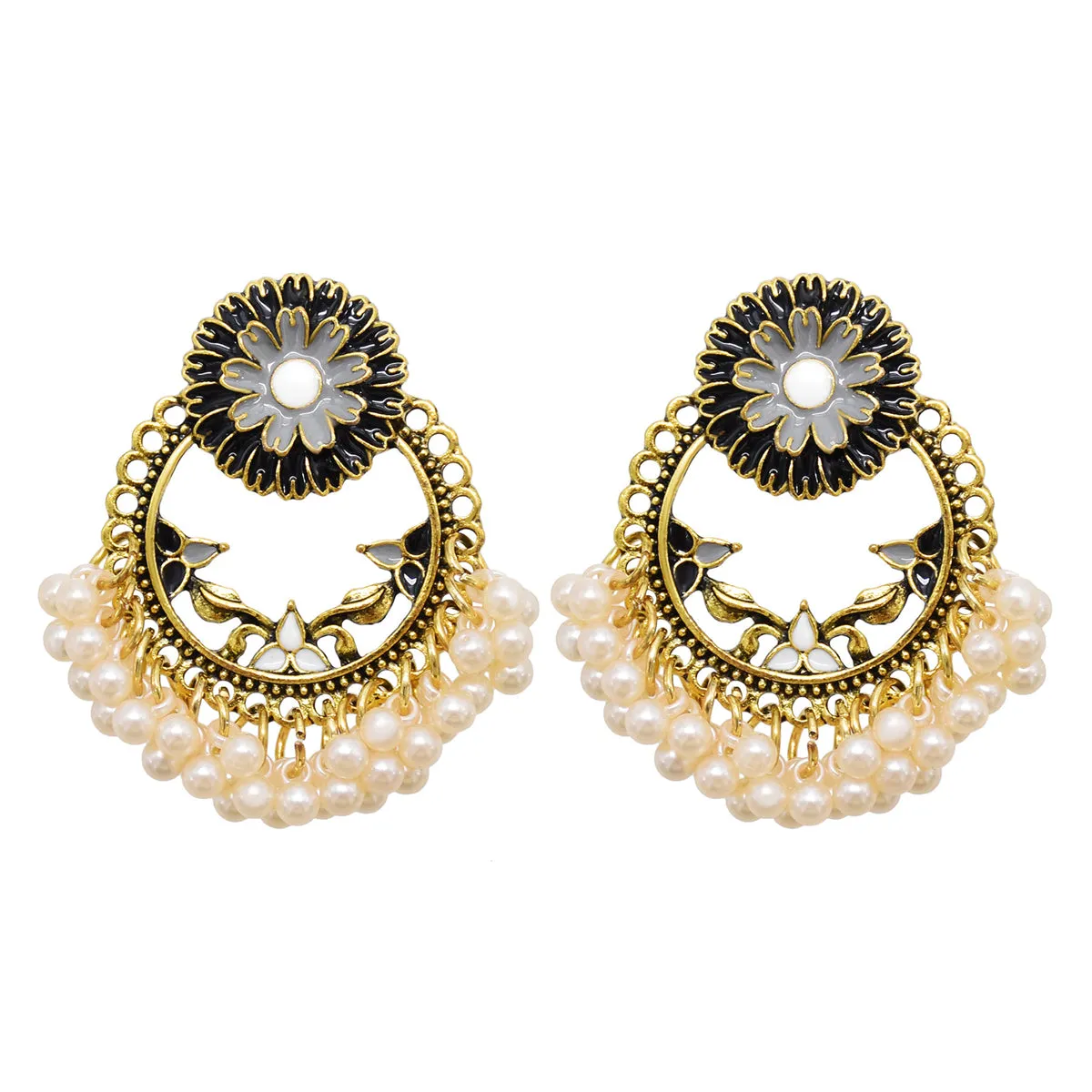 Black Enamel & Pearl 18K Gold-Plated Floral Wreath Drop Earrings