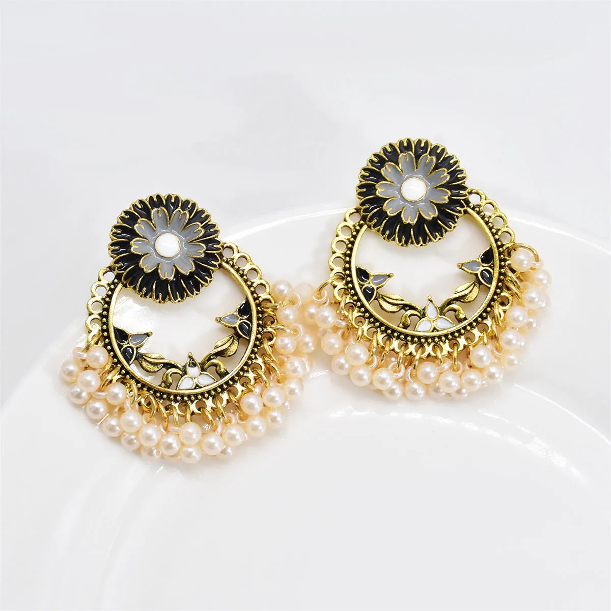 Black Enamel & Pearl 18K Gold-Plated Floral Wreath Drop Earrings