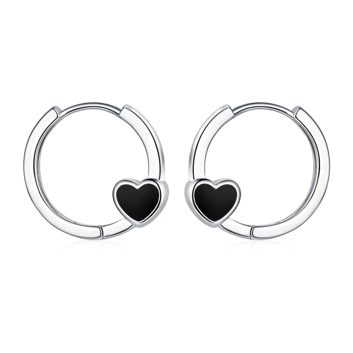 Black Enamel & Silver-Plated Heart Huggie Earrings
