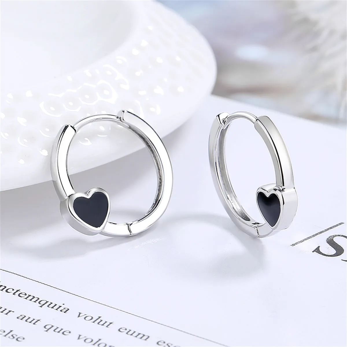 Black Enamel & Silver-Plated Heart Huggie Earrings